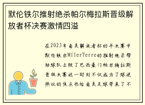默伦铁尔推射绝杀帕尔梅拉斯晋级解放者杯决赛激情四溢