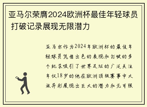 亚马尔荣膺2024欧洲杯最佳年轻球员 打破记录展现无限潜力
